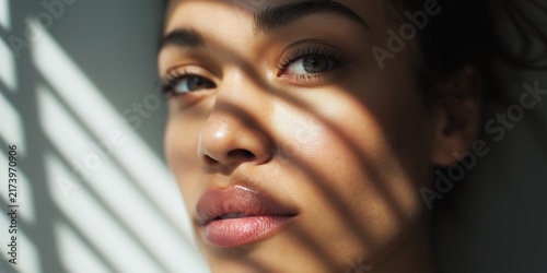 Young woman with natural skin posing under dramatic light, sunlight of window blinds casting soft horizontal striped shadows, lines across her face for a beautiful high contrast close up  portrait 