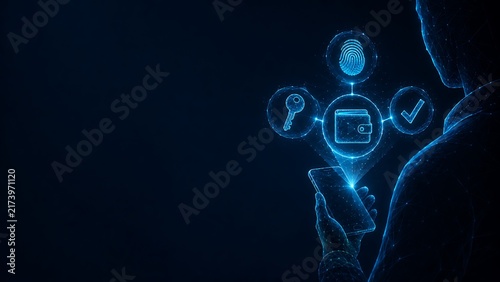 Glowing digital network interface with central wallet icon and surrounding functional symbols. digital wallet security technology protection. digital wallet security