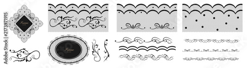 Lace border and frame set. Horizontal vector collection of ornate black crochet lace trims, scalloped edges, and geometric frames with floral mesh details for wedding stationery and print design.