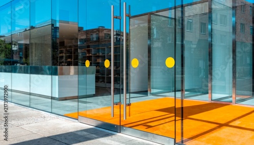 Bright entrance of a modern building with glass walls and orange flooring