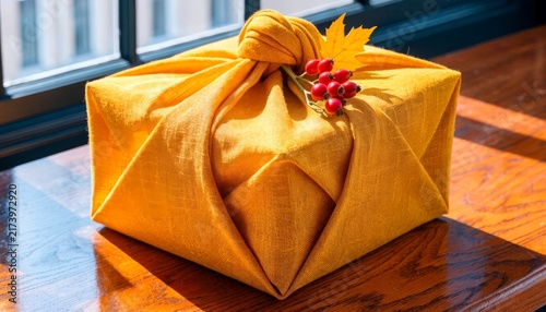 Gift wrapped in yellow fabric with red berries on a wooden table near a window