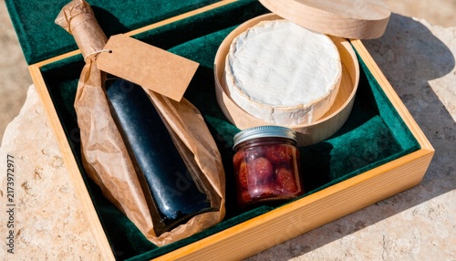 Gift box with wine, cheese, and preserves on a stone table in sunlight