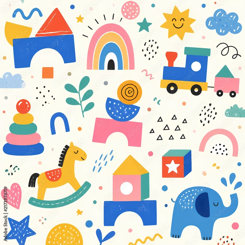 A seamless collection of Scandinavian-inspired children's toys and natural elements. Includes vibrant building blocks, a stacking toy, a rocking horse, rainbow, smiling sun, train, and an elephant.