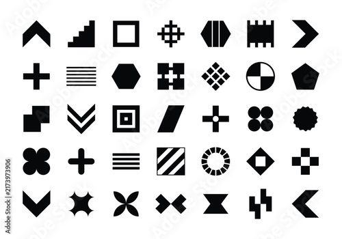Abstract Geometric Symbols and Shapes Set. Black Minimal Vector Icon Collection with Arrows, Stars, Circles, Diamonds and Decorative Forms.