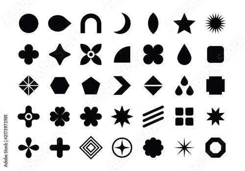 Black Abstract Geometric Shapes and Symbols Set. Minimal Vector Icon Collection with Stars, Flowers, Circles and Polygonal Forms.