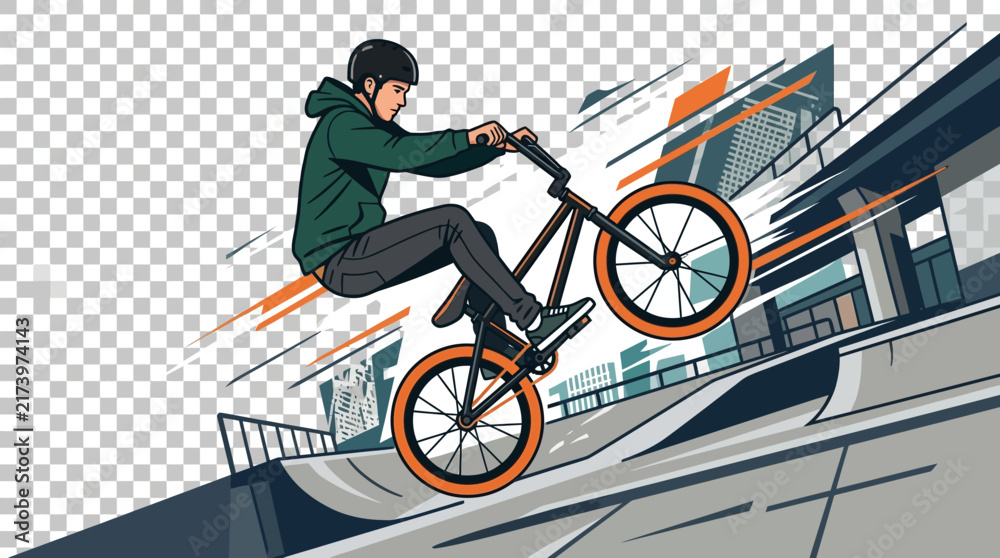 Naklejka premium Young man performs trick on BMX bike in urban skatepark, dynamic illustration