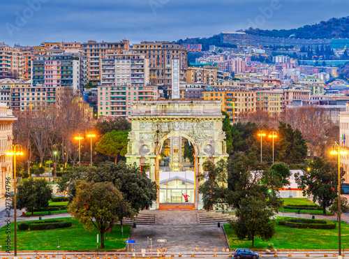 Konstfotografi Genoa, Italy park and triumphal arch amongst the cityscape at dawn 292