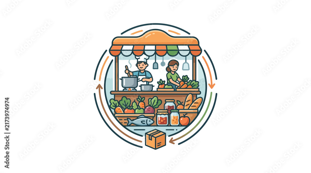 Fototapeta premium Traditional street food stall illustration with chef and vegetables.
