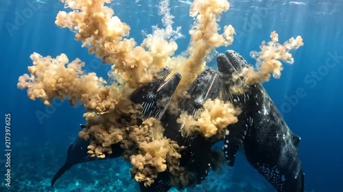 Humpback Whales Swimming Together in Deep Blue Ocean Water