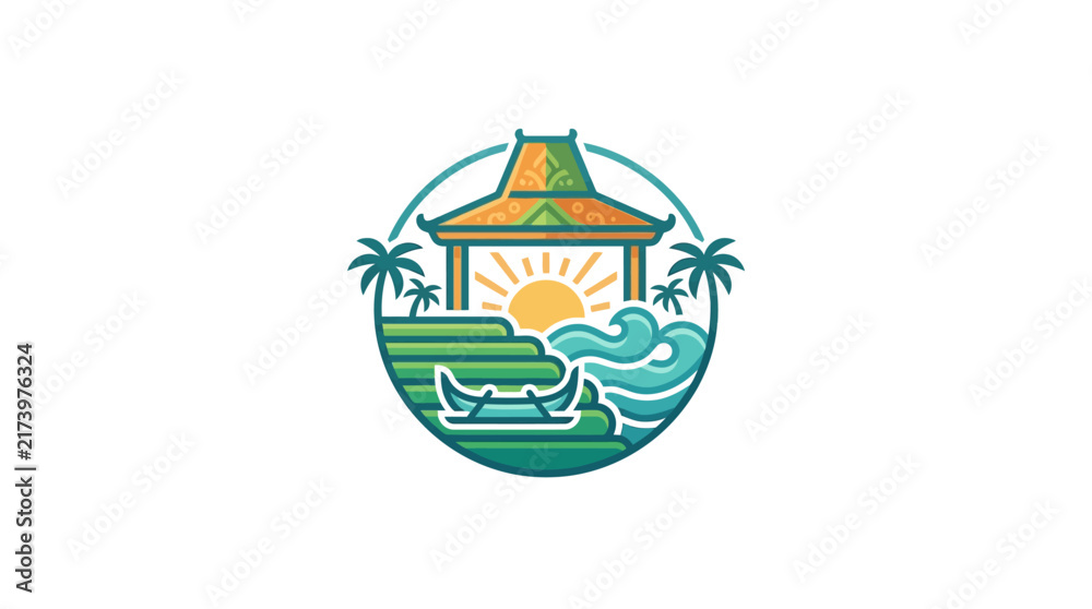 Obraz premium Tropical island pavilion emblem with boat and waves.