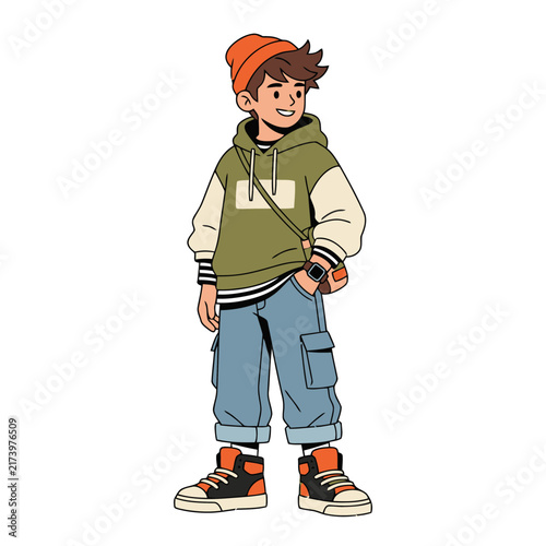 Stylish Cartoon Boy in Beanie and Hoodie, Confident Pose, Casual Fashion