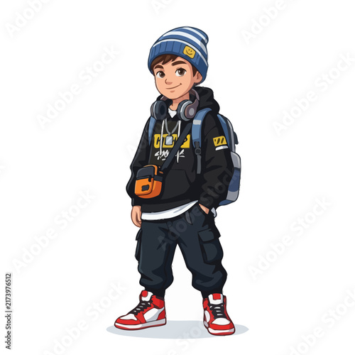 Stylish Boy Cartoon Character with Backpack and Headphones, Urban Streetwear Fashion