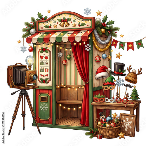 Christmas photo booth with vintage camera and festive props on isolated background