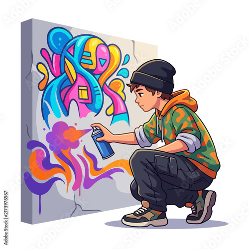 Urban artist creating vibrant graffiti art on a concrete wall, mid-spray.