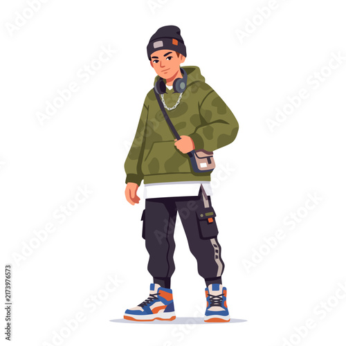 Urban Teenager Hip Hop Style Cartoon Character with Camouflage Hoodie