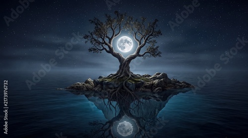 Surreal cinematic fine art scene of an ancient tree seemingly holding a luminous full moon above a calm dark ocean, symbolizing balance, responsibility, nature, and the connection between the earthly 