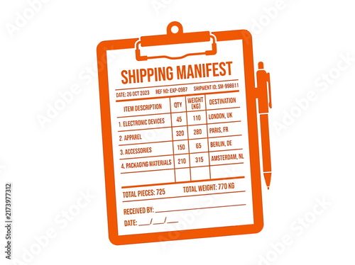 Orange Clipboard with Shipping Manifest and Pen for Logistics and Business.