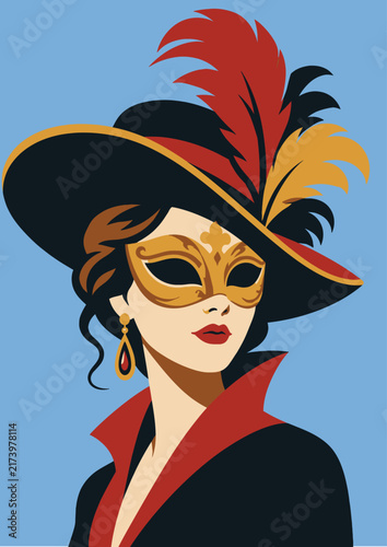 _0101-19-Woman wearing a golden masquerade mask, black hat with feathers, and red-lined coat