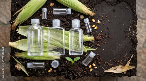 Bio-based plastics and biodegradable biopolymer cosmetic bottles arranged with corn husks and soil for sustainable packaging concept