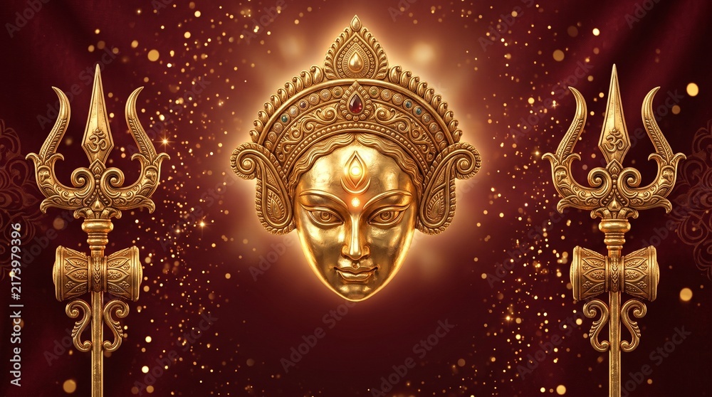 Fototapeta premium Golden Goddess Durga face with trishul on a festive red background with sparkling lights for Navratri and Durga Puja