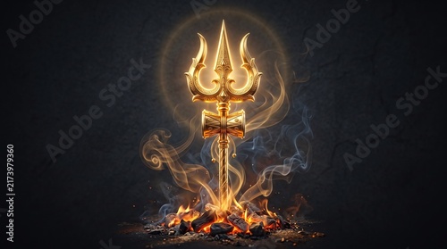 Glowing golden Trishul with sacred fire and smoke on a dark background for Maha Shivaratri and Hindu festival concepts
