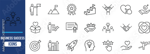 Business success line icons. rocket icon set, award icon set, target icon set