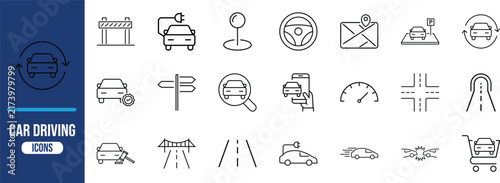 Car driving navigation line icons. car icon set, steering wheel icon set, map pin icon set