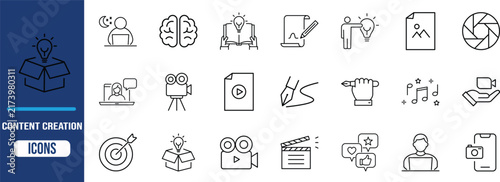 Content creation vector icon set. lightbulb icon set, camera icon set, brain icon set
