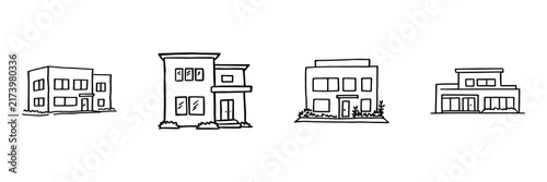 Building Facade Hand Drawn Doodle Icon Set. House, Office, Storefront And Apartment Exterior Sketch Symbol Collection. Real Estate And Architecture. Isolated Vector Illustration