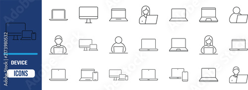 Digital device line art icons. laptop icon set, desktop icon set, smartphone icon set