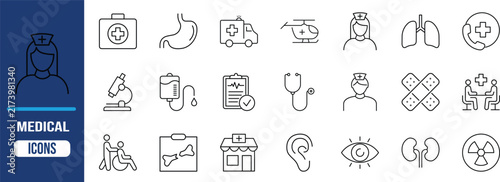 Medical healthcare essential line icons. stethoscope icon set, ambulance icon set, nurse icon set