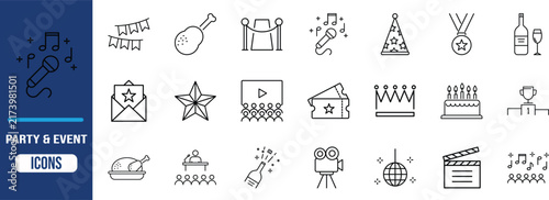 Party and event line icons. microphone icon set, cake icon set, ticket icon set