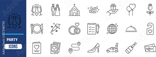 Wedding party celebration icons. rings icon set, couple icon set, church icon set