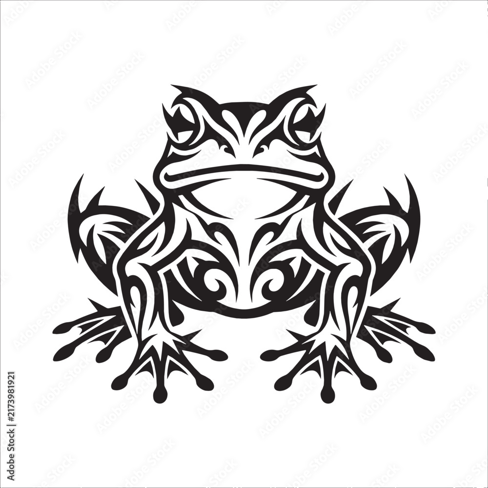Fototapeta premium Tribal Frog Tattoo Design in Blackwork Ink Style, Ornamental Animal Vector Illustration Isolated on White