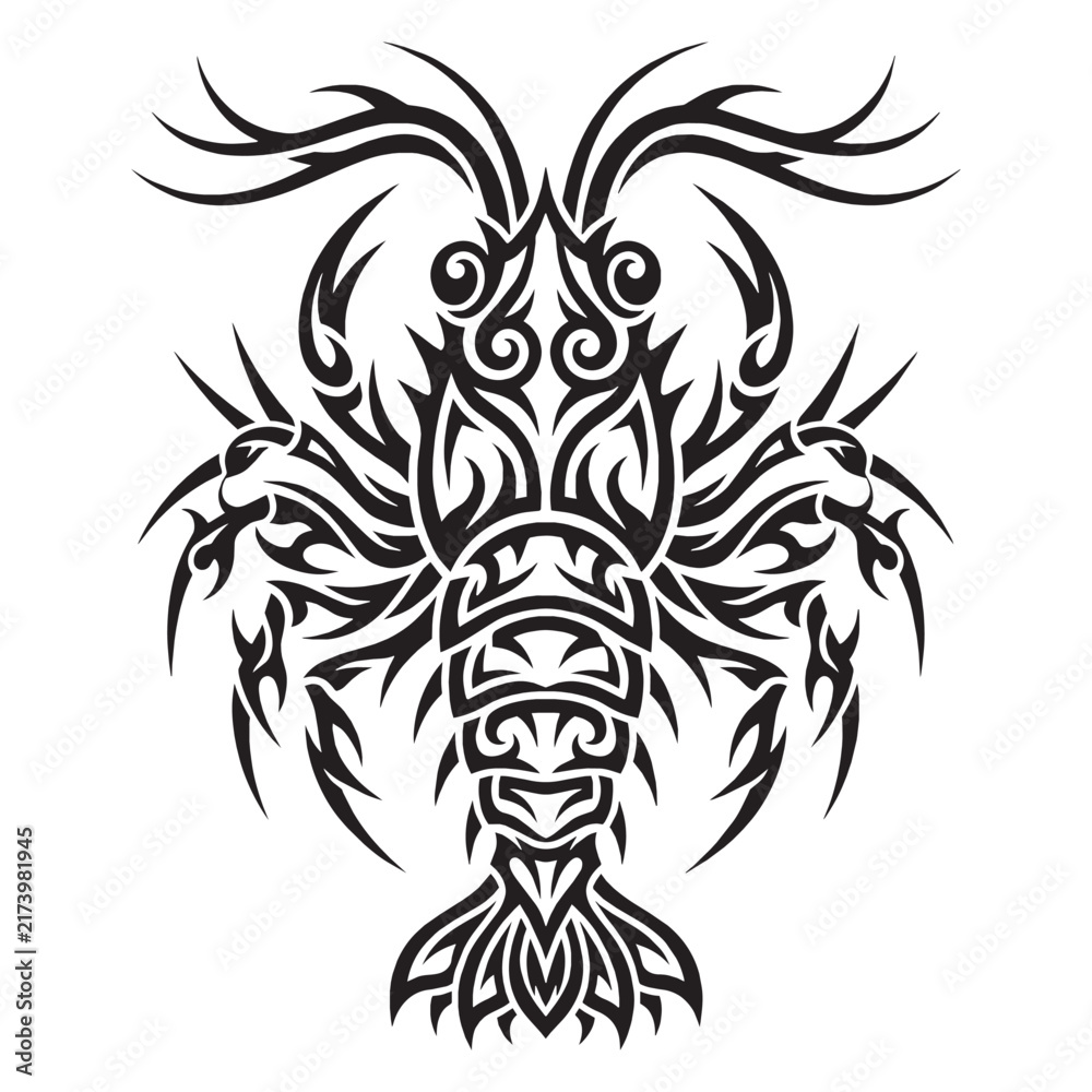 Fototapeta premium Tribal lobster tattoo design in blackwork ink style with ornamental details, crayfish illustration isolated on white background.