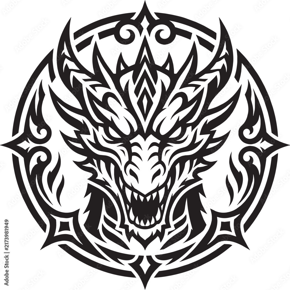 Fototapeta premium Tribal Dragon Head Tattoo Design in Blackwork Ink Style with Ornamental Circular Frame, Vector Illustration of Mythical Creature