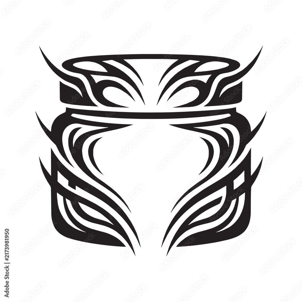 Fototapeta premium Tribal Tattoo Ornamental Blackwork Ink Design of a Cosmetic Jar Container Silhouette, Stylized Abstract Vector Illustration on White Background