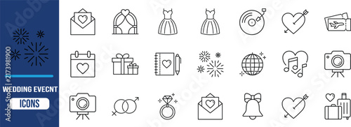 Wedding celebration line vector icons. dress icon set, ring icon set, arch icon set