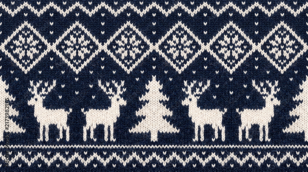 Seamless winter pattern with reindeer snowflakes and christmas trees on a dark background