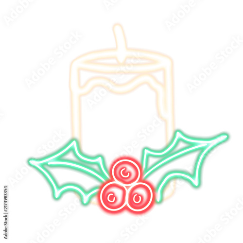 hand drawn glowing neon christmas candle with holly leaves and red berries