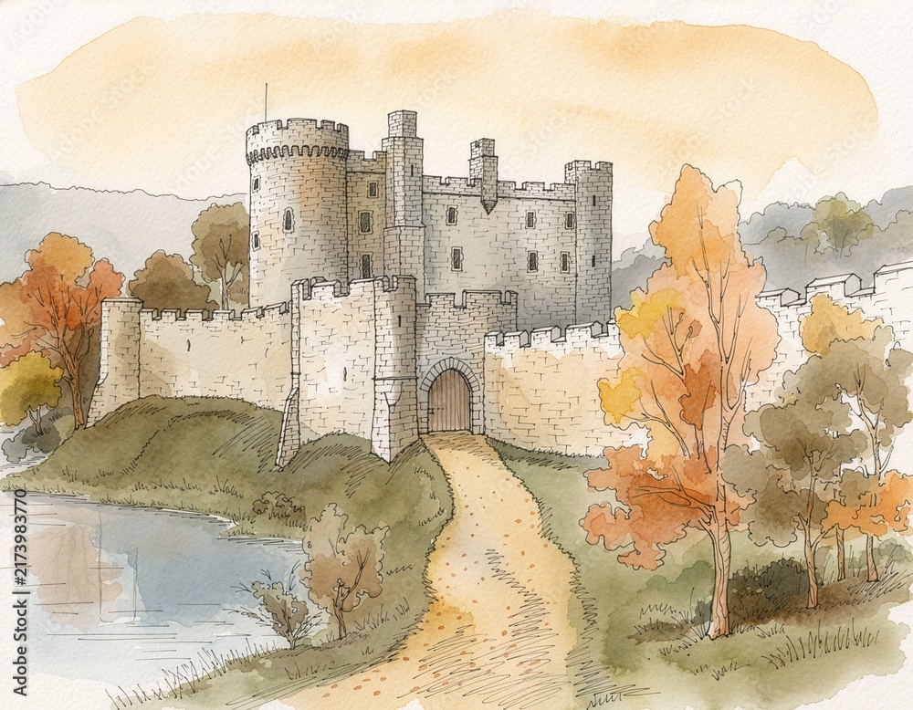 Naklejka premium Historic European Castle Among Colorful Autumn Trees – Watercolor and Ink Illustration