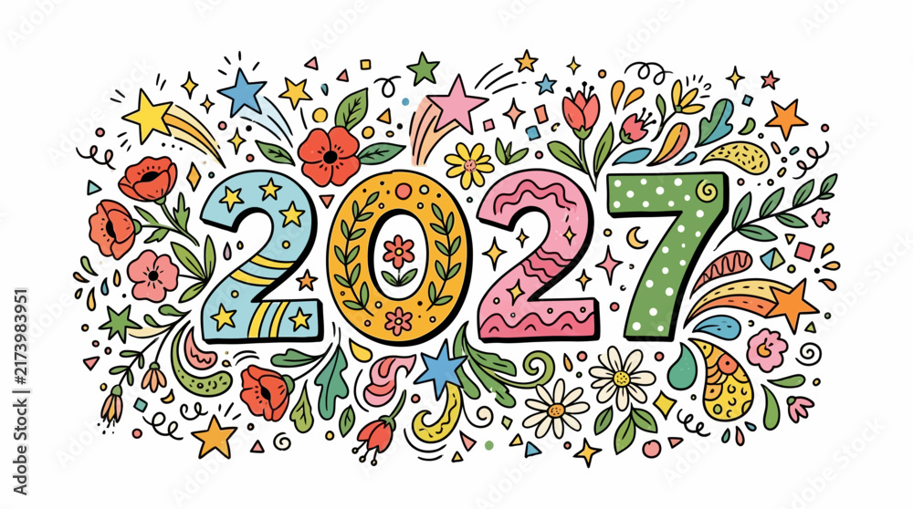 Naklejka premium Colorful Decorative Floral Illustration Featuring The Year 2027 In Festive Style