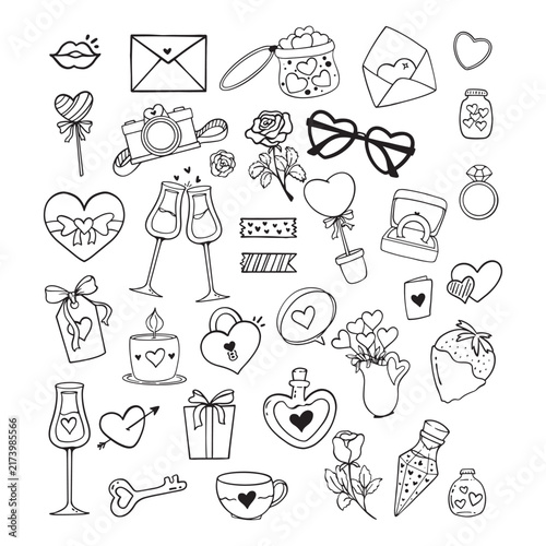 Set of valentine doodle element illustration. Hand drawn doodle style collection for valentine's day decoration