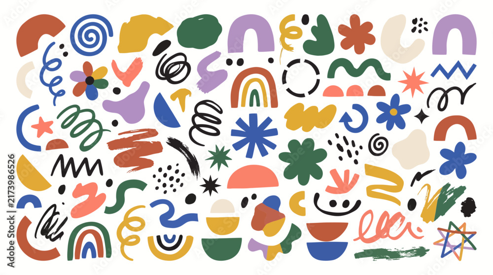 Fototapeta premium Playful Abstract Organic Shapes Memphis Doodles and Colorful Elements