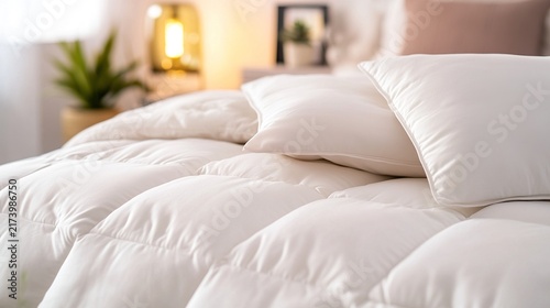 duvet. Fluffy white duvet with diagonally placed pillows, creating a cozy and inviting bedroom scene. lifestyle magazines.