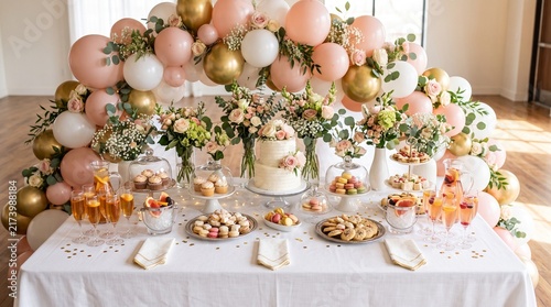 Elegant wedding dessert table with cake, floral arrangements and balloon arch decor