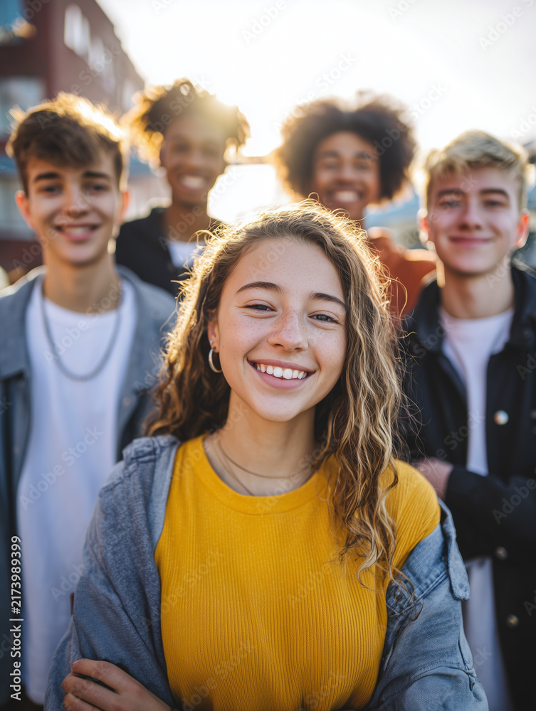 Obraz premium A realistic, high-resolution group portrait of diverse, socially engaged teenagers standing together outdoors in a bright, urban setting. They are smiling confidently at the camera, showing unity.