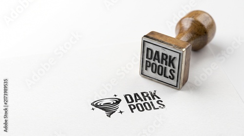 Dark Pools financial concept stamp on white paper, wooden rubber stamp with dark pools text and tornado icon, stock market trading metaphor