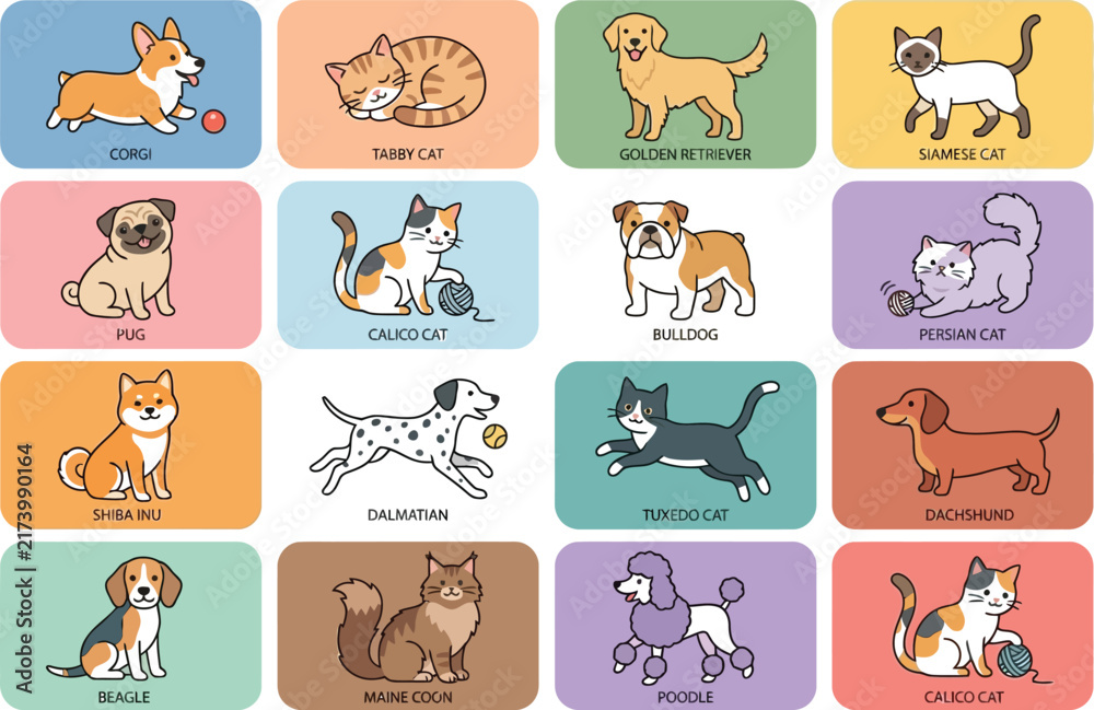 Fototapeta premium Set of cute cartoon dog and cat breeds collection with colorful labels for children education and pet shop design