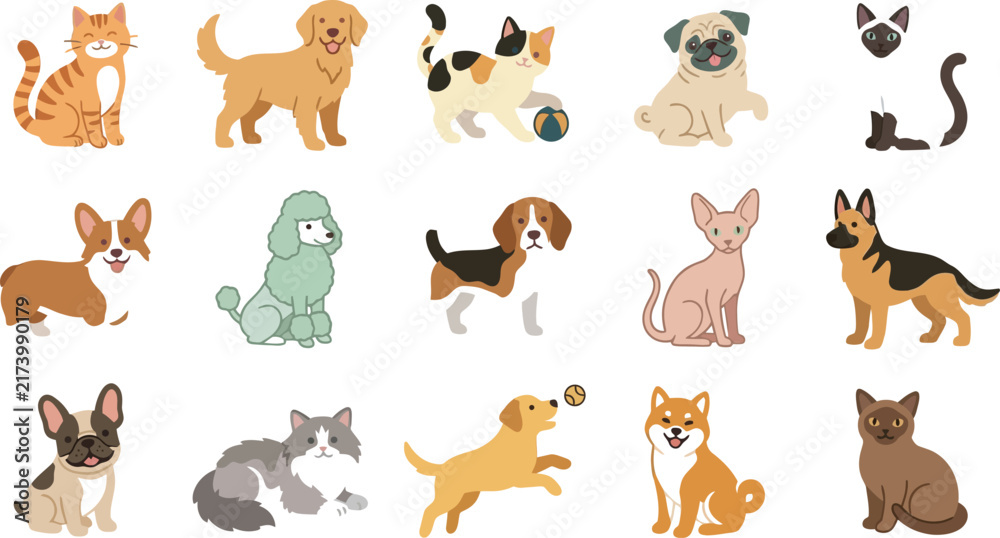 Obraz premium Set of cute dogs and cats vector illustration collection with various breeds of pets isolated on a transparent background